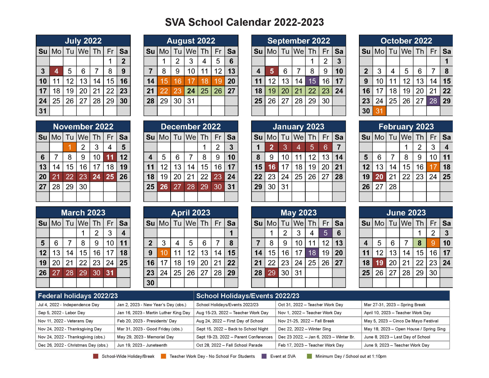 School Calendar Shanél Valley Academy