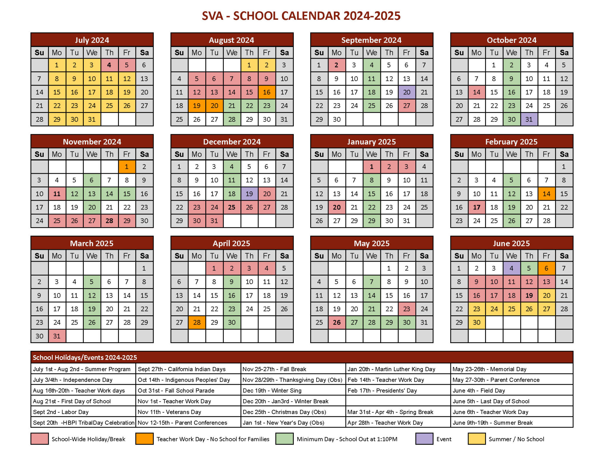 School Calendar Shanél Valley Academy